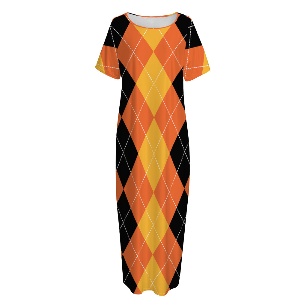 Orange And Black Argyle Pattern Print Short Sleeve Long Nightdress