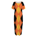 Orange And Black Argyle Pattern Print Short Sleeve Long Nightdress