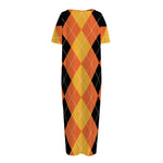 Orange And Black Argyle Pattern Print Short Sleeve Long Nightdress