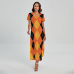Orange And Black Argyle Pattern Print Short Sleeve Maxi Dress
