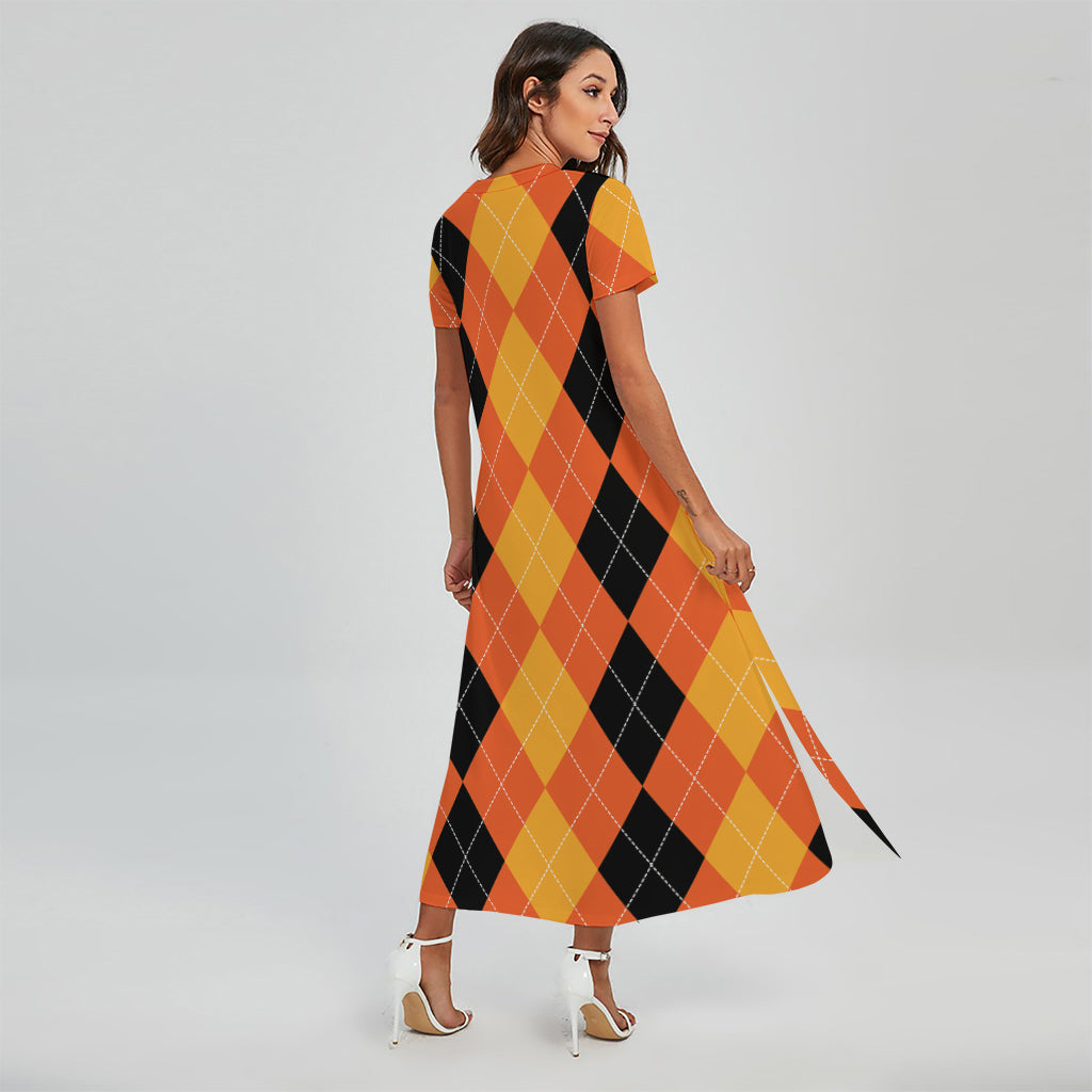 Orange And Black Argyle Pattern Print Short Sleeve Maxi Dress