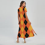Orange And Black Argyle Pattern Print Short Sleeve Maxi Dress
