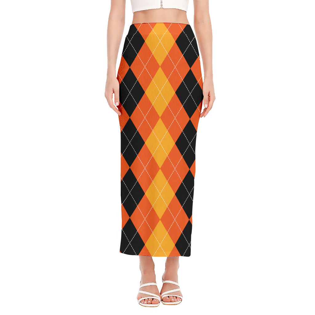 Orange And Black Argyle Pattern Print Side Slit Maxi Skirt