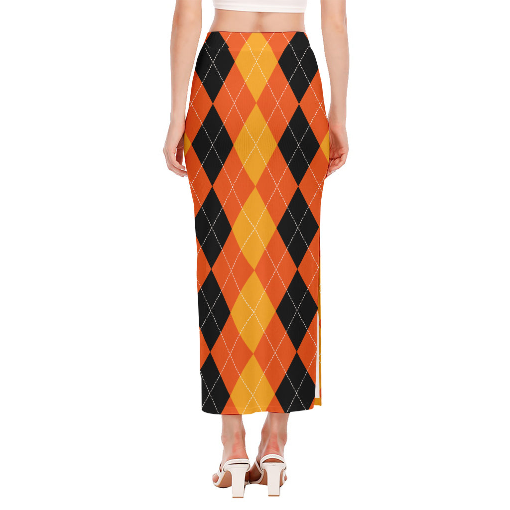 Orange And Black Argyle Pattern Print Side Slit Maxi Skirt