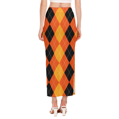 Orange And Black Argyle Pattern Print Side Slit Maxi Skirt