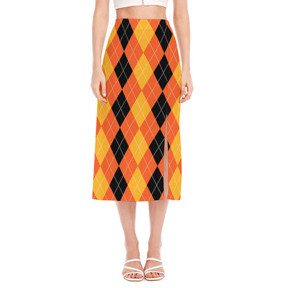Orange And Black Argyle Pattern Print Side Slit Midi Skirt