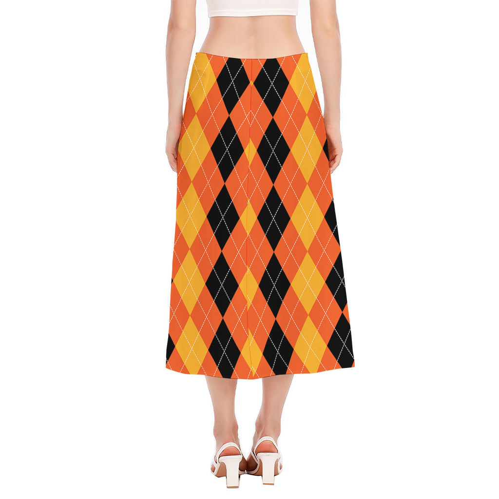 Orange And Black Argyle Pattern Print Side Slit Midi Skirt