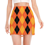 Orange And Black Argyle Pattern Print Side Slit Mini Skirt