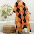 Orange And Black Argyle Pattern Print Silk V-Neck Kaftan Dress