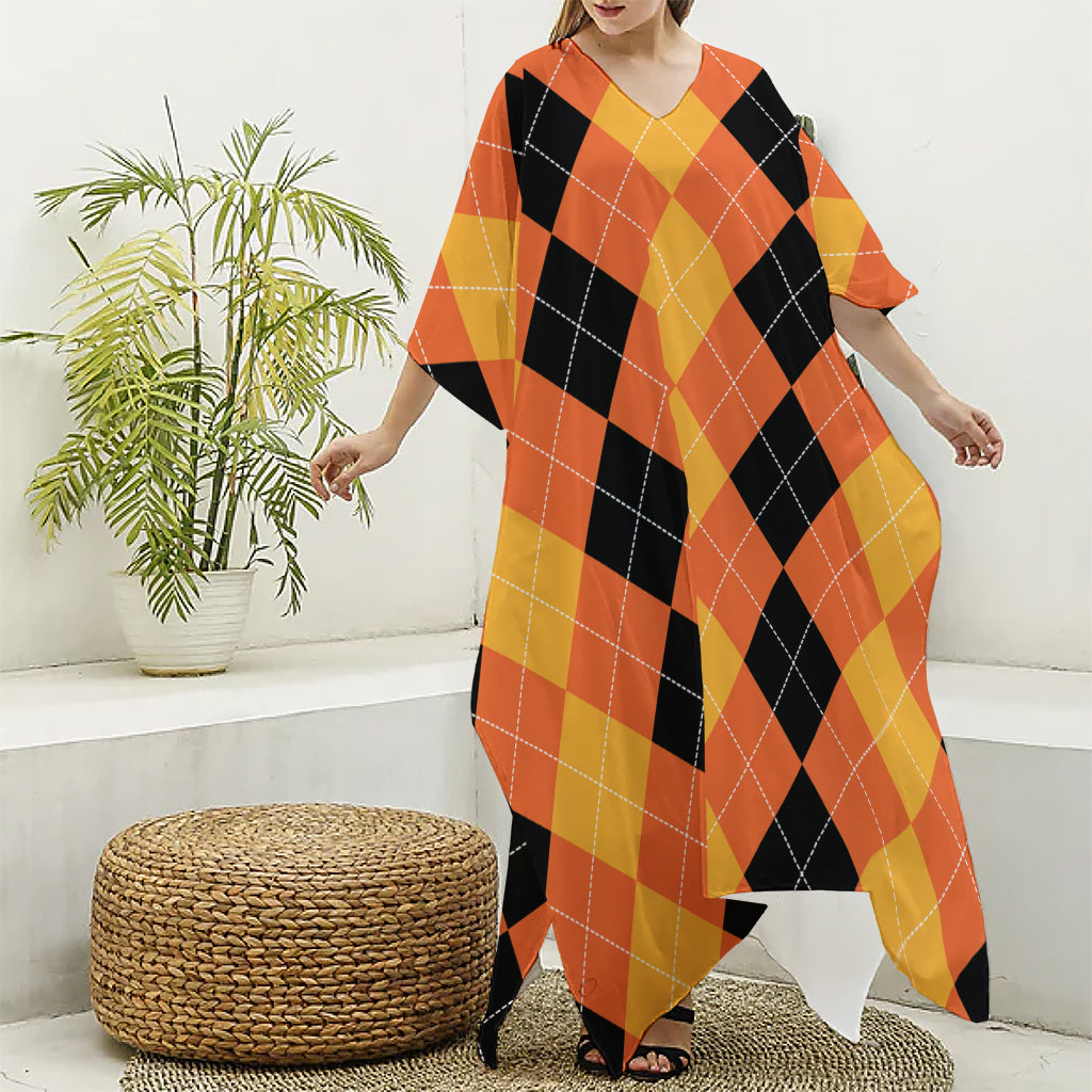 Orange And Black Argyle Pattern Print Silk V-Neck Kaftan Dress