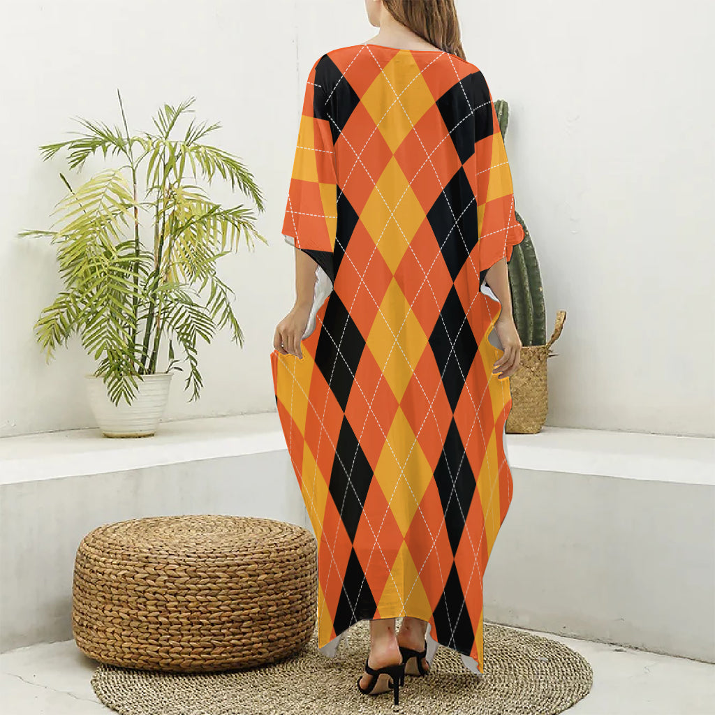 Orange And Black Argyle Pattern Print Silk V-Neck Kaftan Dress