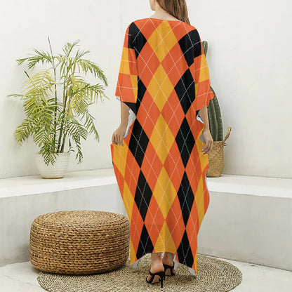 Orange And Black Argyle Pattern Print Silk V-Neck Kaftan Dress