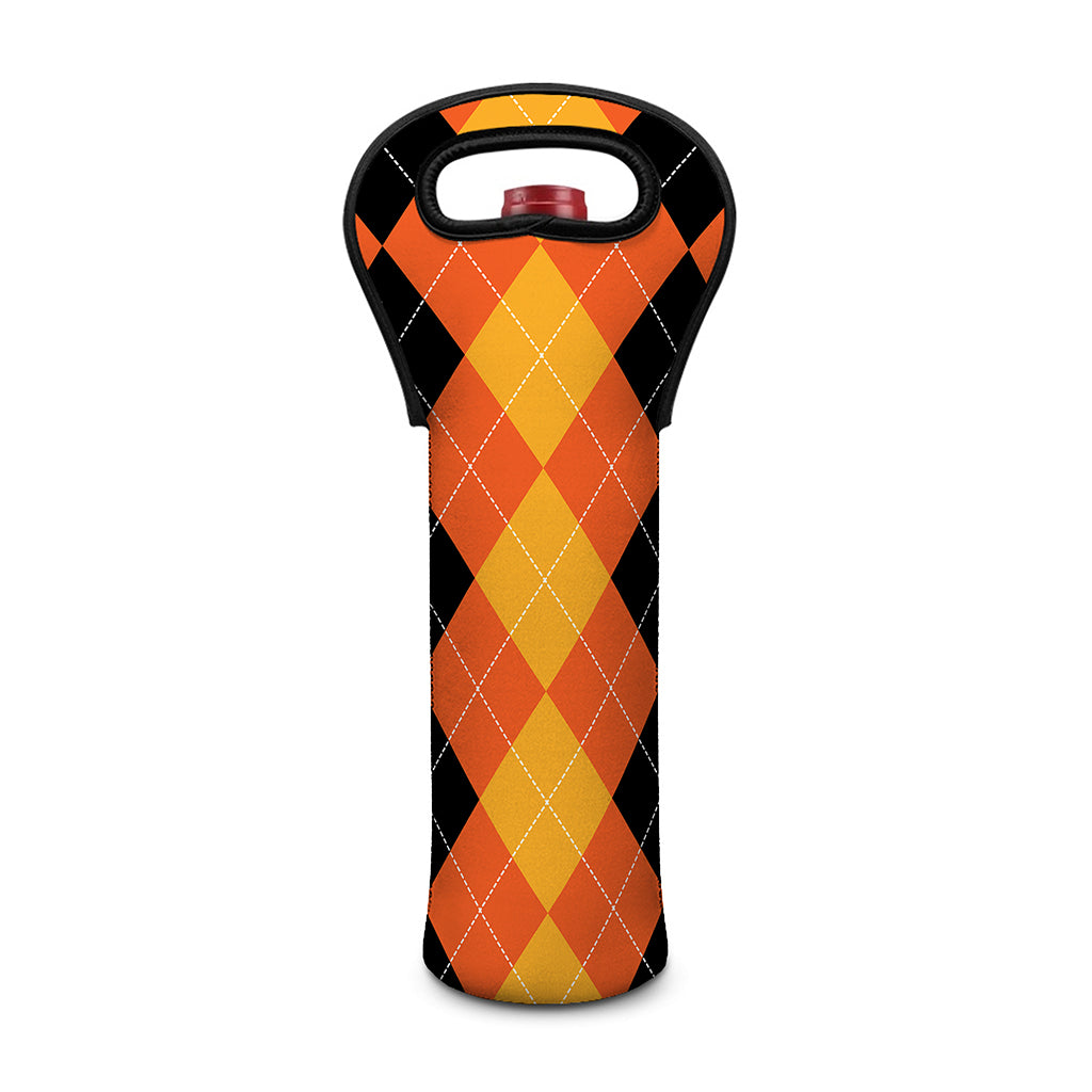 Orange And Black Argyle Pattern Print Single Neoprene Wine Tote