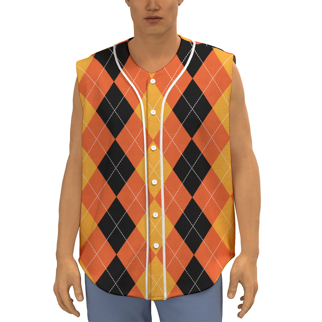 Orange And Black Argyle Pattern Print Sleeveless Baseball Jersey