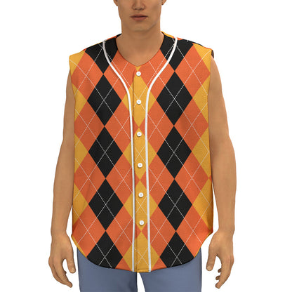 Orange And Black Argyle Pattern Print Sleeveless Baseball Jersey