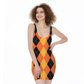 Orange And Black Argyle Pattern Print Sleeveless Bodycon Dress