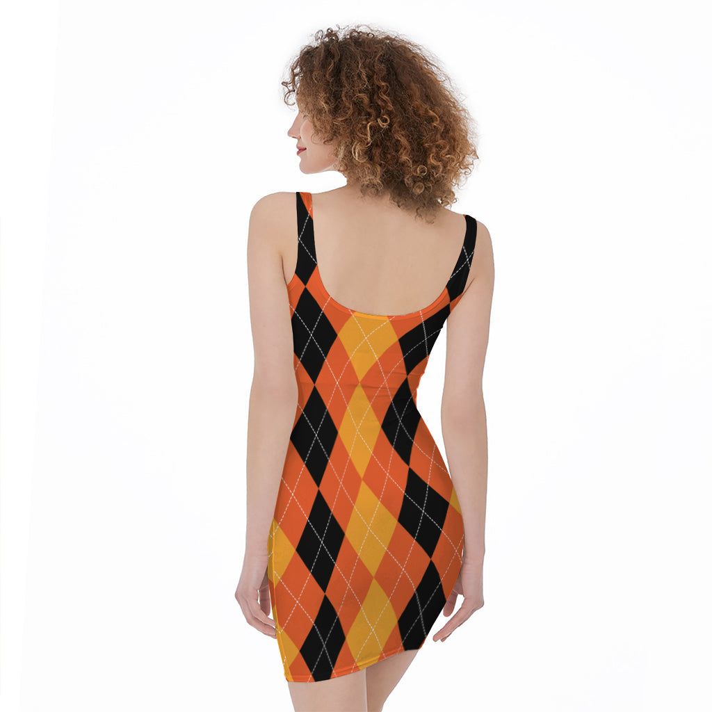 Orange And Black Argyle Pattern Print Sleeveless Bodycon Dress