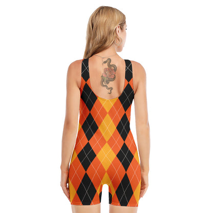 Orange And Black Argyle Pattern Print Sleeveless One Piece Swimsuit