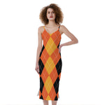 Orange And Black Argyle Pattern Print Slim Fit Midi Cami Dress