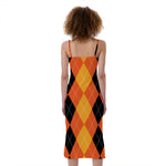 Orange And Black Argyle Pattern Print Slim Fit Midi Cami Dress