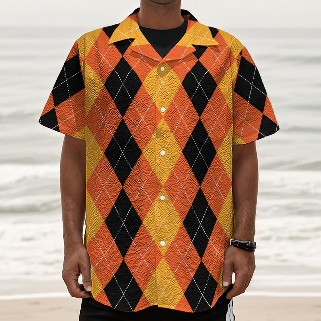 Orange And Black Argyle Pattern Print Textured Short Sleeve Shirt