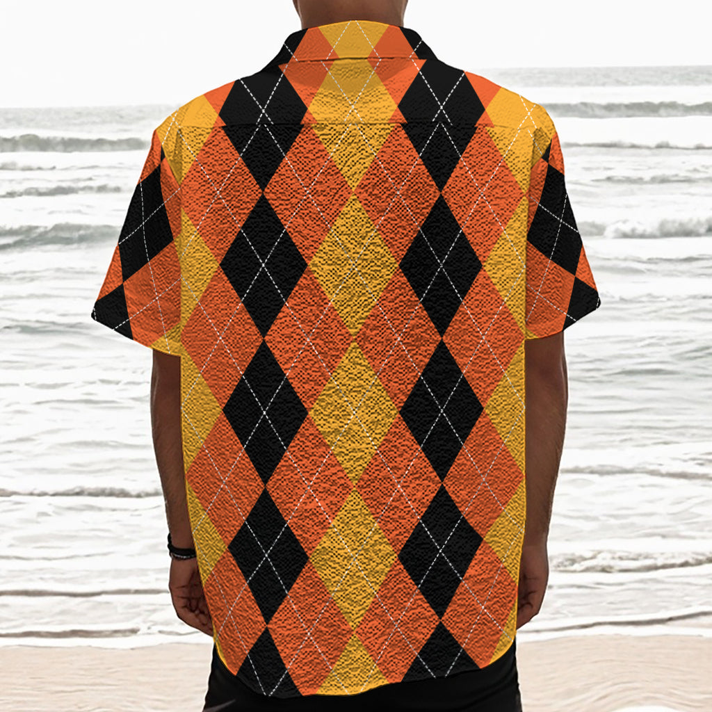 Orange And Black Argyle Pattern Print Textured Short Sleeve Shirt