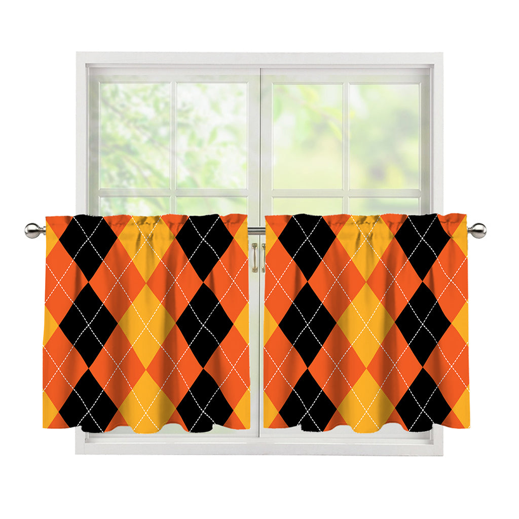Orange And Black Argyle Pattern Print Tier Curtains