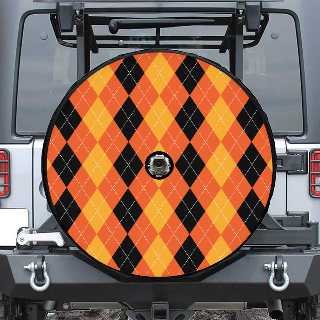 Orange And Black Argyle Pattern Print Tire Cover With Camera Hole