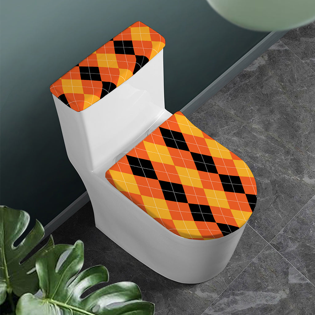 Orange And Black Argyle Pattern Print Toilet Lid And Tank Cover Set
