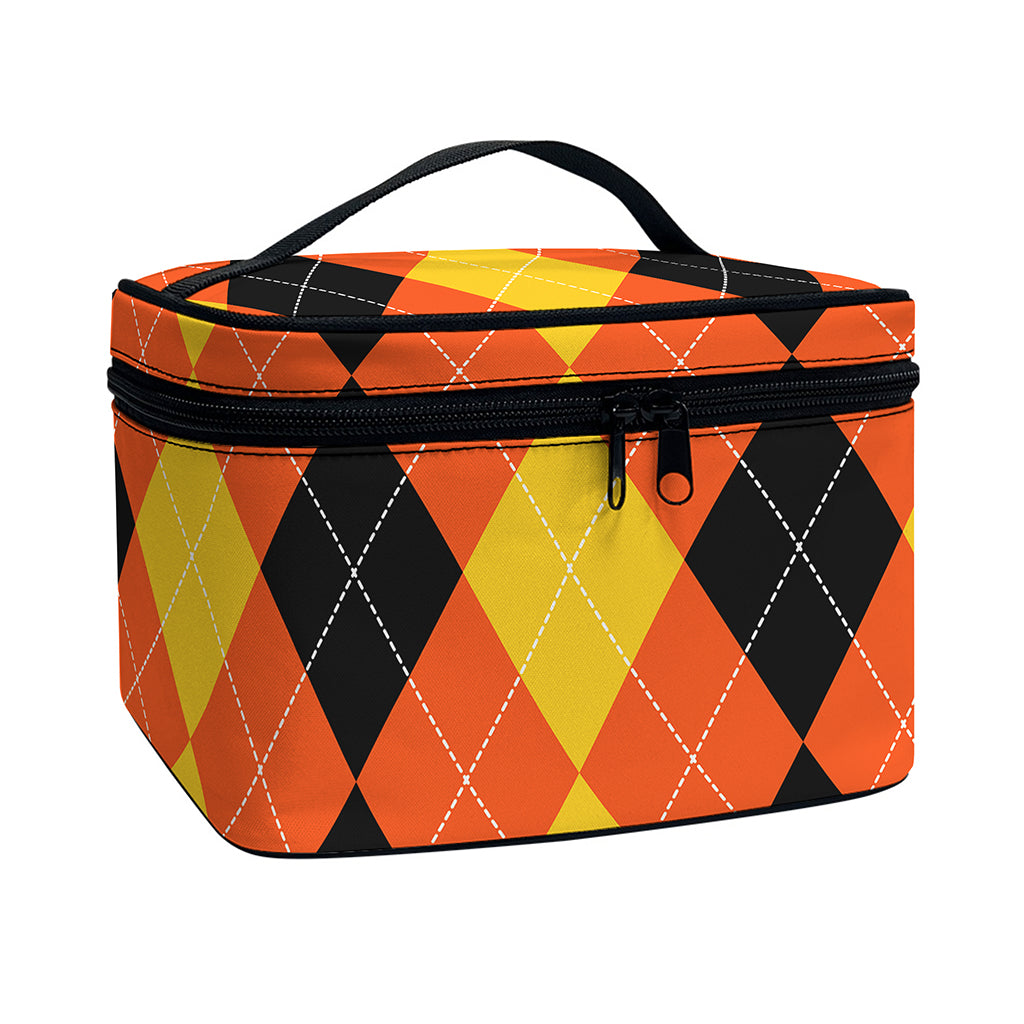Orange And Black Argyle Pattern Print Travel Makeup Bag