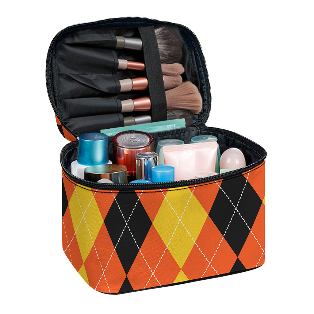 Orange And Black Argyle Pattern Print Travel Makeup Bag