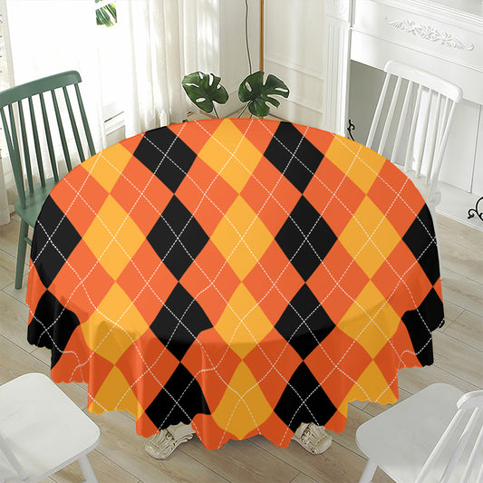 Orange And Black Argyle Pattern Print Waterproof Round Tablecloth