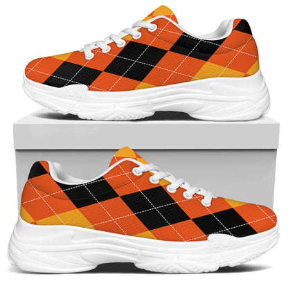 Orange And Black Argyle Pattern Print White Chunky Shoes