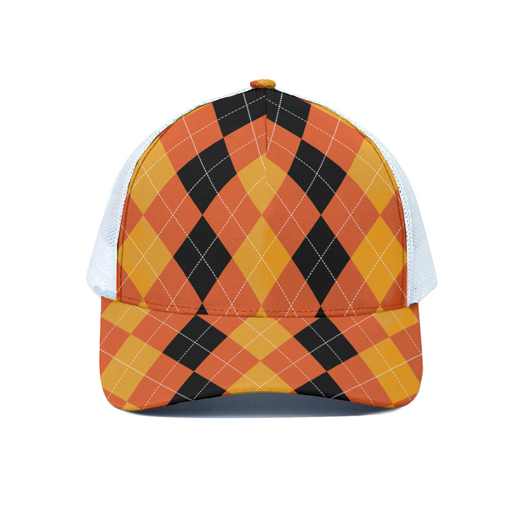 Orange And Black Argyle Pattern Print White Mesh Trucker Cap
