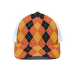 Orange And Black Argyle Pattern Print White Mesh Trucker Cap