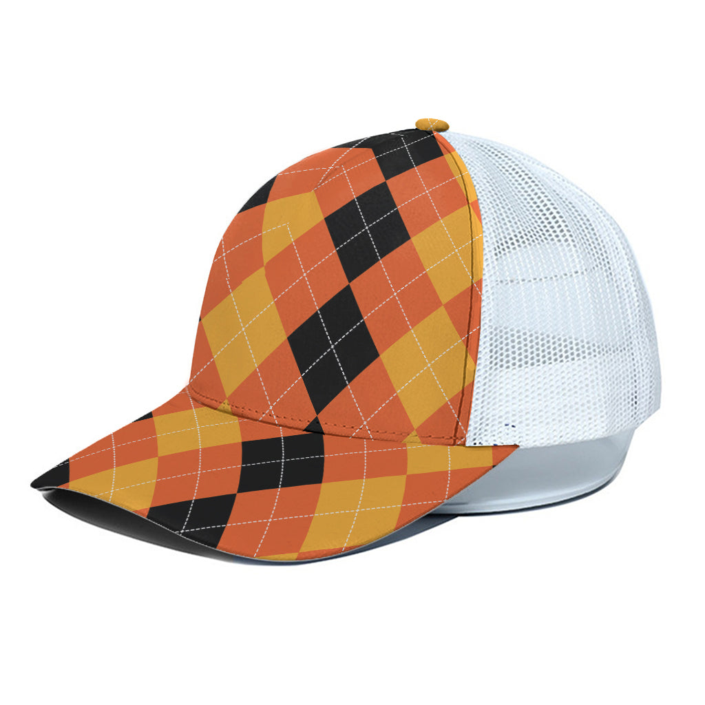 Orange And Black Argyle Pattern Print White Mesh Trucker Cap