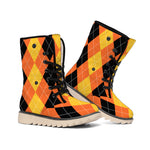 Orange And Black Argyle Pattern Print Winter Boots