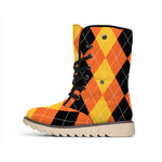 Orange And Black Argyle Pattern Print Winter Boots