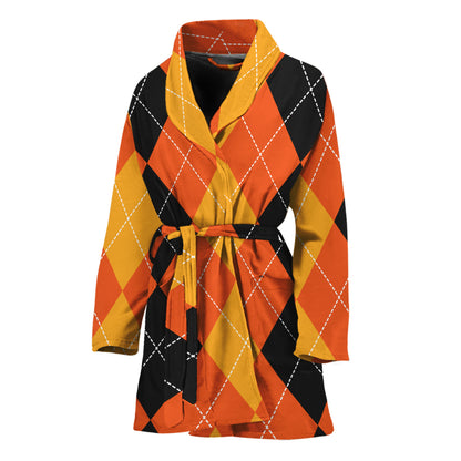 Orange And Black Argyle Pattern Print Women's Bathrobe