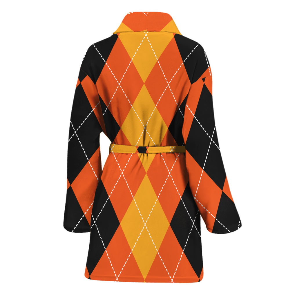 Orange And Black Argyle Pattern Print Women's Bathrobe