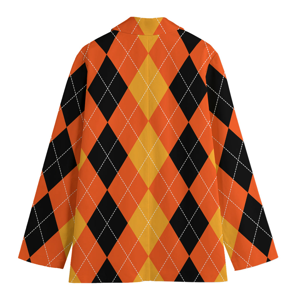 Orange And Black Argyle Pattern Print Women's Blazer