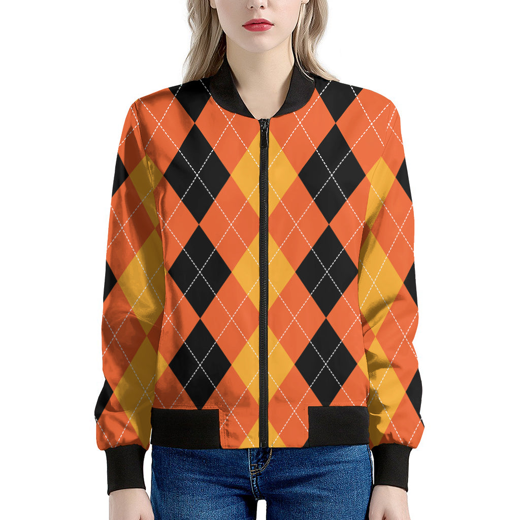 Orange And Black Argyle Pattern Print Women's Bomber Jacket