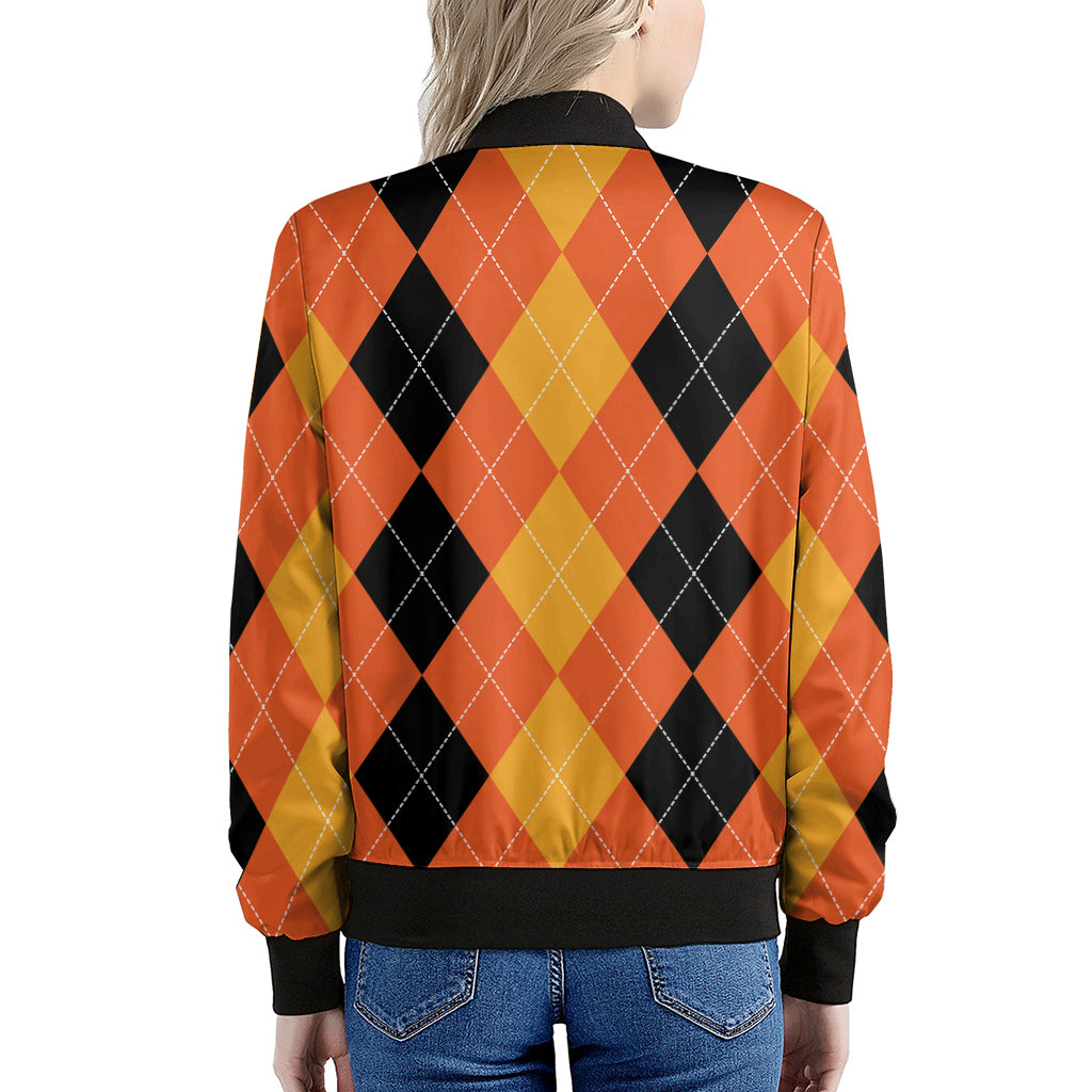 Orange And Black Argyle Pattern Print Women's Bomber Jacket