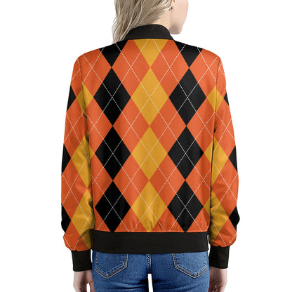 Orange And Black Argyle Pattern Print Women's Bomber Jacket