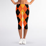 Orange And Black Argyle Pattern Print Women's Capri Leggings