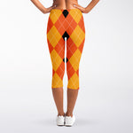 Orange And Black Argyle Pattern Print Women's Capri Leggings