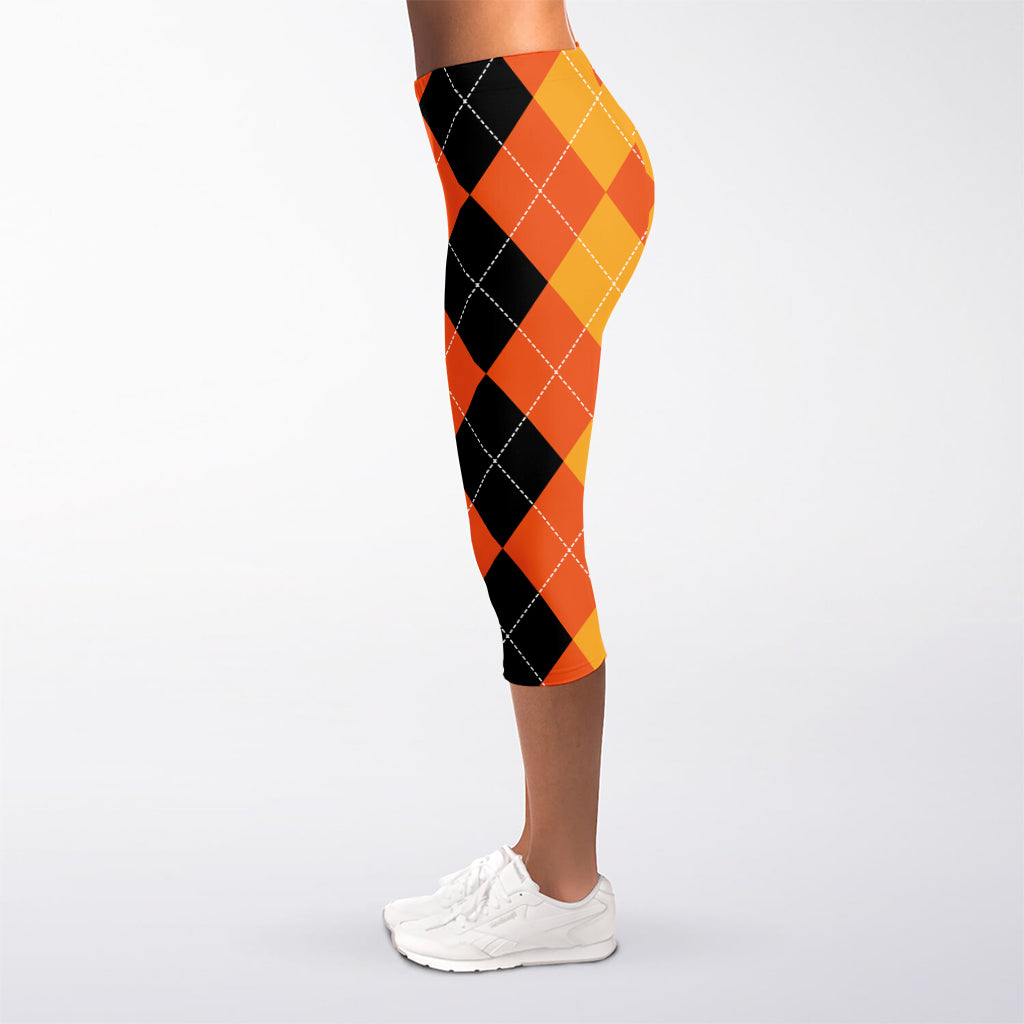 Orange And Black Argyle Pattern Print Women's Capri Leggings