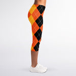 Orange And Black Argyle Pattern Print Women's Capri Leggings