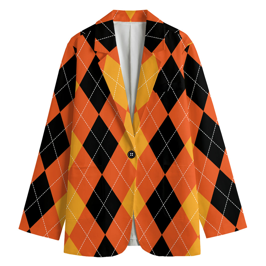 Orange And Black Argyle Pattern Print Women's Cotton Blazer