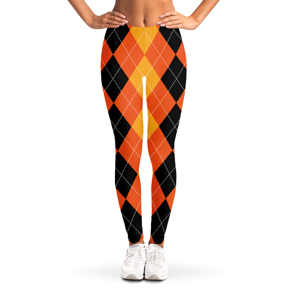 Orange And Black Argyle Pattern Print Women's Leggings